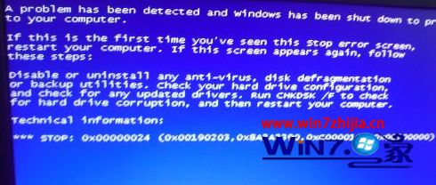 Windows7999宝藏网企业版系统开机蓝屏0x00000024错误代码如何解决